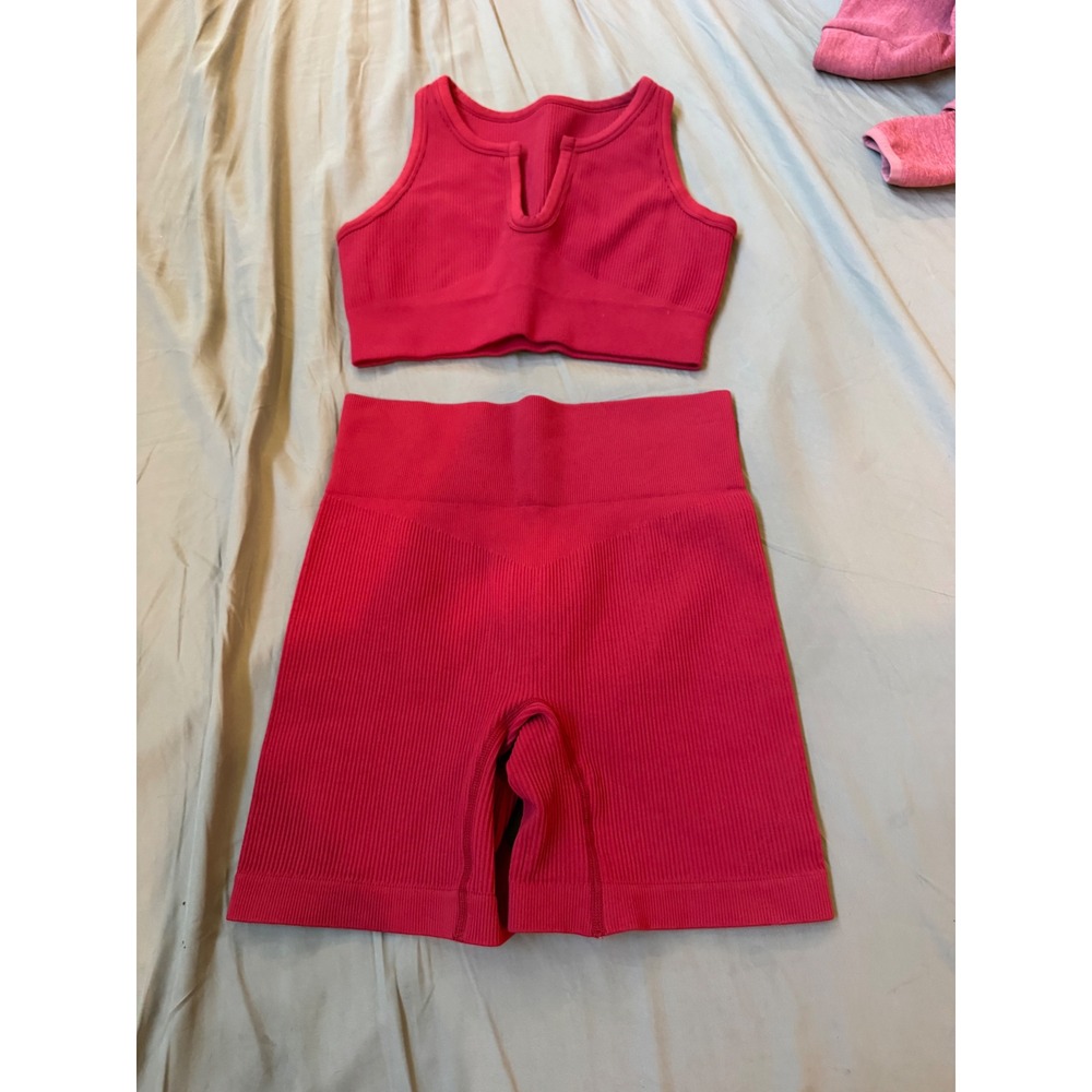 Womens Seamless Ribbed 2 Piece Activewear Set Pink Sports Bra Biker Shorts Gym